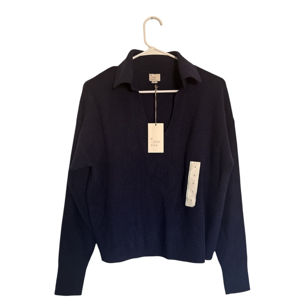 A New Day Navy Ribbed Knit Collared Sweater NWT Size M
